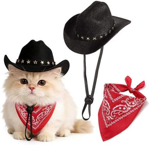 Pet Cowboy Costume, Dog Cowboy Hat with Bandana Scarf, Adjustable Cat Cowboy Hat for Party Cosplay Christmas, Halloween Cowboy Costumes for Small Pet Dogs Cats (Black, Small) by Unknown