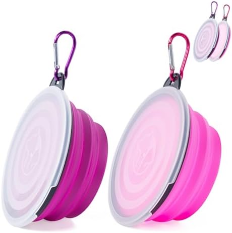 SLSON Dog Bowls Pet Collapsible Bowl with Cover Lids,2 Pack Dog Travel Bowls Portable Foldable Cat Water Dish Bowl for Pets Walking Parking Camping (Pink and Purple, Small) by SLSON