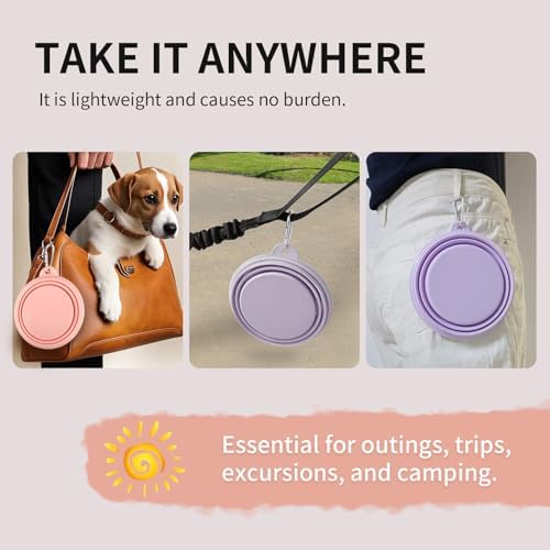 Collapsible Dog Bowls 2-Pack, Portable Travel Dog Bowl with Carabiner, Food-Grade Silicone Pet Bowl for Hiking, Walking (22 OZ Macaron Pink and Violet) - Image 5