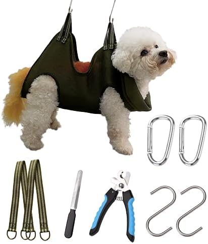 Kkiimatt 10 in 1 Dog Grooming Hammock Harness with Clippers/Trimmer, Dog Nail Hammock, Grooming Sling Holder Hanger Restraint for Nail Trimming/Clipping (S/Under 30lb, Khaki Green) by Kkiimatt