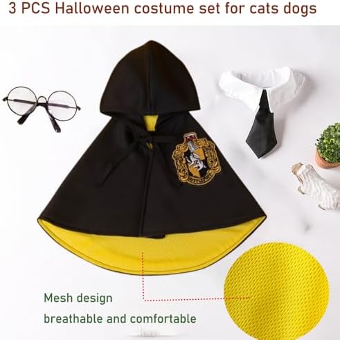 ANIAC 3PCS Halloween Dog Costume Cat Wizard Cape Glasses and Necktie Set Halloween Puppy Outfit Pet Academy Magician Cosplay Apparel for Kitten Cat Small Dogs (Black+Yellow, Medium) - Image 3