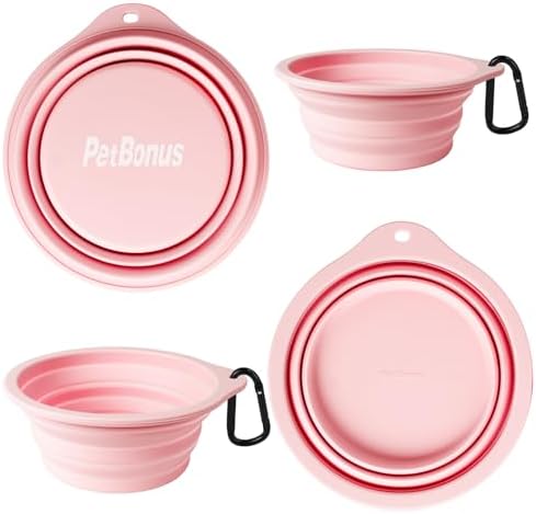 PetBonus 2-Pack Large Silicone Collapsible Dog Bowls, 34oz/1000ml BPA Free Portable Foldable Travel Bowl for Pet Cat, Food Water Feeding Dish for Camping with 2 Carabiners (Grey, Chalk Pink) - Image 2