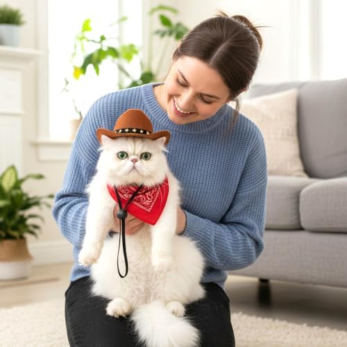 Pet Cowboy Costume, Dog Cowboy Hat with Bandana Scarf, Adjustable Cat Cowboy Hat for Party Cosplay Christmas, Halloween Cowboy Costumes for Small Pet Dogs Cats (Brown, Small) - Image 3