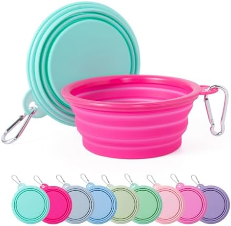 SLSON Collapsible Dog Bowl, 2Pack Macaron Color Pet Travel Bowls Silicone Foldable Water Feeder Dish for Small to Large Dogs Cat Walking Hiking Camping (Macaron Bright Pink and Bright Green, Small) by SLSON