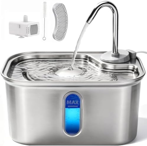 Cat Water Fountain Stainless Steel for Cats Indoor 2.5L 85oz by BPA-Free SUS304, Effective 6-Layer Filter Cat Fountain for Drinking 15dB Ultra Quiet Metal Pet Water Fountain (Fountain+1 Filter) by Petlipo