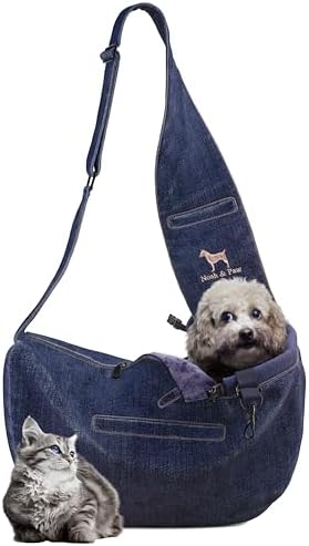 Noah & Paw Dog Sling Carrier for Small Dogs 5-18lb, Dog Sling for Small Dogs and Cats, Dog Carrier with Adjustable Padded Strap, Vegan Denim Lined with Fur, 3X Safety Features, Machine Washable by NoahPaw