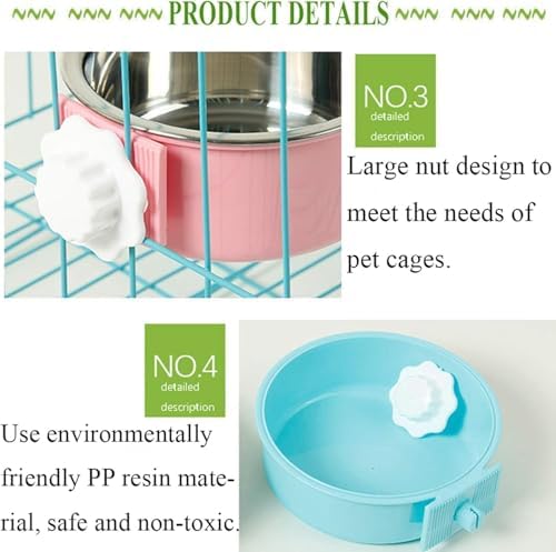 kathson Crate Dog Bowl, Removable Stainless Steel Hanging Pet Kennel Cage Bowl Food & Water Feeder Coop Cup for Puppy, Cat, Rabbit, Guinea Pigs Ferret Bird (2 PCS, Size: M, Blue and Green) (Pack of 2) - Image 5