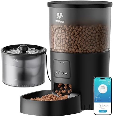 IMIPAW Automatic Cat Feeder 5G WiFi and Water Dispenser, Timed Dry Food Dispenser APP Remote Control, Programmable Portions, with Desiccant, Cat Fountains for Drinking with Filter, Small Pets (Combo) by IMIPAW