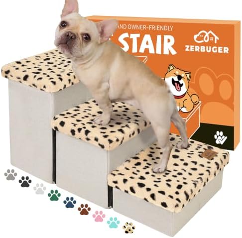 Zerbuger Dog Stairs with Storage, Beige Leopard 3 Steps Dog Ramp no Condo by Zerbuger