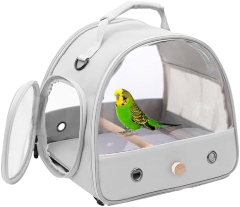 Bird Carrier, Portable Small Bird Parrot Parakeet Carrier with Standing Perch and Mat, Side Access Window Collapsible (Grey, Clear Windows) by halinfer