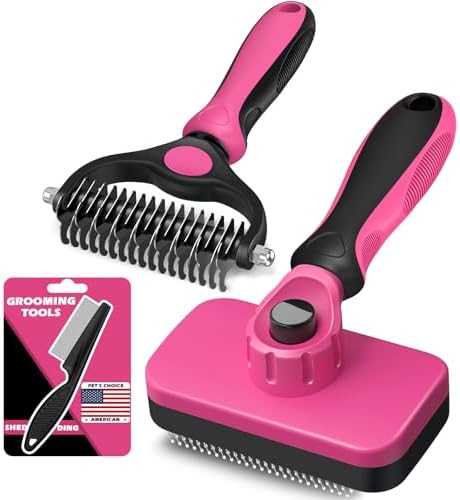 Professional 3PCS Self Cleaning Slicker Brush & Pet Grooming Rake & Flea Comb for Dogs,Cats and Horses | Double-Sided Dematting Comb & Skin Friendly Deshedding Grooming Tool (Red) by Augwind