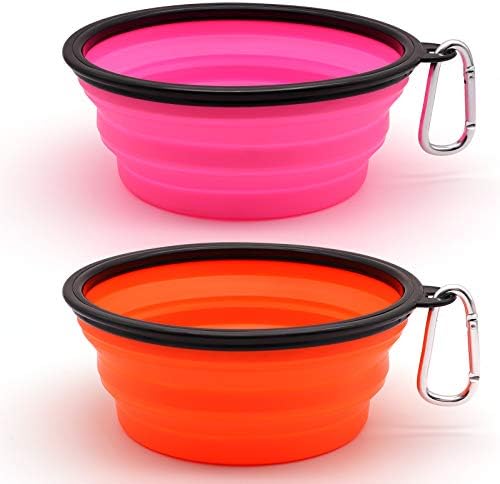 Dog Bowl Pet Collapsible Bowls, 2 Pack Collapsible Dog Water Bowls for Cats Dogs, Portable Pet Feeding Watering Dish for Walking Parking Traveling with 2 Carabiners (Large, Orange+Pink) by SLSON