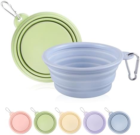 Collapsible Dog Bowls 2-Pack, Portable Travel Dog Bowl with Carabiner, Food-Grade Silicone Pet Bowl for Hiking, Walking (Macaron Blue and Green) by TECOPH