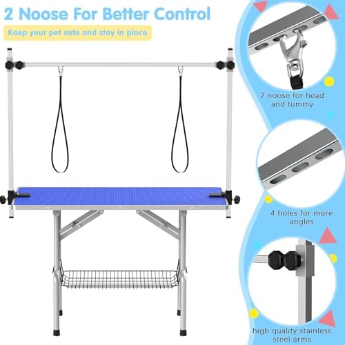 Lyromix 42'' Foldable Dog Grooming Table with Arms/Nooses/Mesh Tray, Blue - Image 2