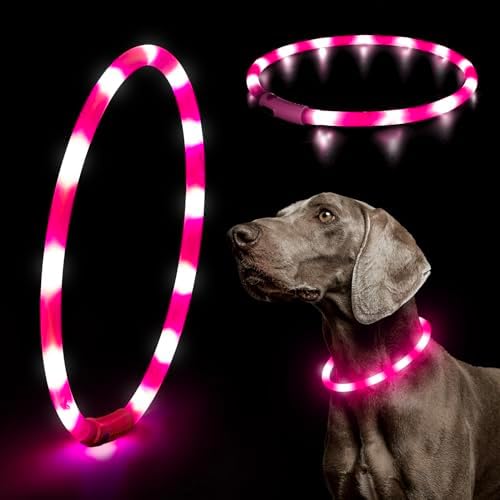 HIGO LED Dog Collar, Silicone Lightweight Light Up Dog Collars, USB Rechargeable LED Dog Necklace Light for Your Dogs Cats Glow in the Dark (Pink-Silicone) by Higo