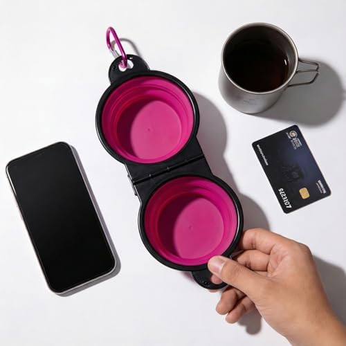 Double Collapsible Dog Bowls for Travel, Food and Water Set with Clip, Pink - Image 5
