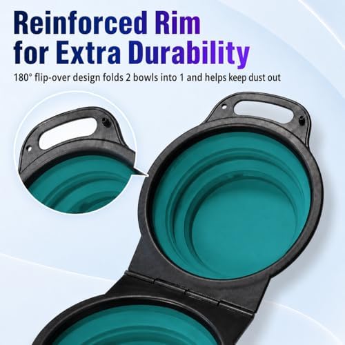 Double Collapsible Dog Bowls for Travel, Food and Water Set with Clip, Teal - Image 3