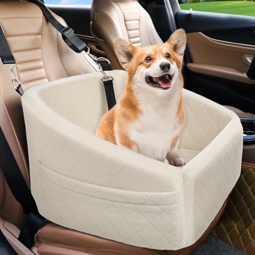 NEEZUKAR Dog Car Seat for Small Medium Dogs,Detachable Washable Dog Booster Seat Under 30lbs, Pet Car Seat Travel Bed with Storage Pockets and Dog Safety Belt (White) by NEEZUKAR