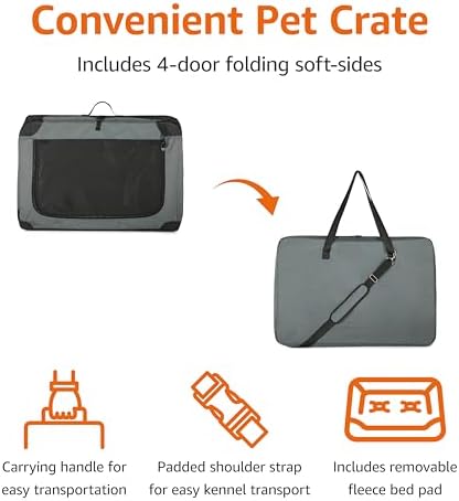 Amazon Basics 4-Door Portable Folding Soft Dog Crate, Collapsible Travel Kennel for Cat, Dog, and Small Animals, Pop Up with Fleece Mat, Water-Resistant Base, Grey, 36" x 24" x 24" - Image 3