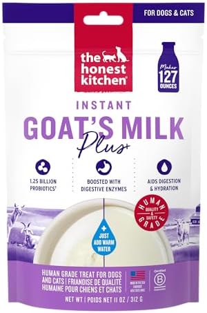 The Honest Kitchen Instant Goat’s Milk with Probiotics for Dogs and Cats, Human Grade Powder Drink Mix, Digestive Health Support, Food Topper or Treat, Just Add Water, 11 oz Pouch Makes 127 oz by TheHonestKitchen