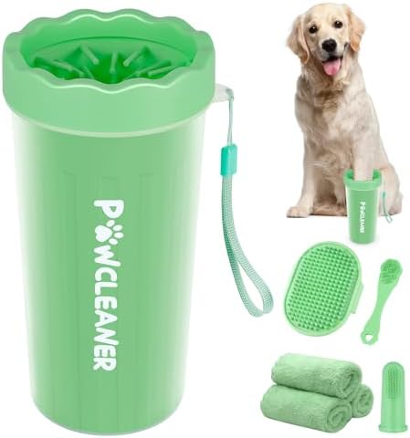 Professional 7 in 1 Dog Paw Cleaner for Dogs - Includes 1 Portable Paw Washer, 1 Bath Brush, 2 Dog Toothbrushes and 3 Absorbent Towels Note: Fits Paws 2.5 to 3.5 Inches Wide (Large, Light Green) by Comotech