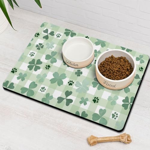 St Patricks Day Dog Food & Water Mat, Green Shamrocks Paw Prints Clover Pet Feeding Mat for Floor Non-Slip Waterproof, Super Absorbent Cat Bowl Mat, Easy to Clean Pet Placemat,12" × 20" by Stunnoosy