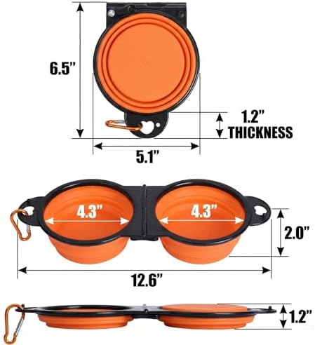 Double Collapsible Dog Bowls for Travel, Food & Water with Clip, Orange - Image 3