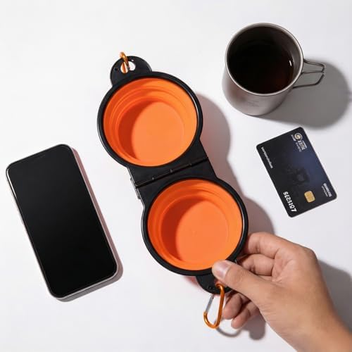 Double Collapsible Dog Bowls for Travel, Food & Water with Clip, Orange - Image 6