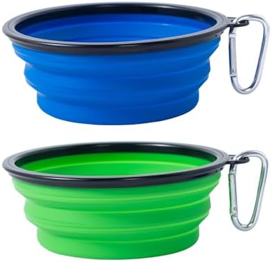 Dog Bowl Pet Collapsible Bowls, 2 Pack Collapsible Dog Water Bowls for Cats Dogs, Portable Pet Feeding Watering Dish for Walking Parking Traveling with 2 Carabiners (Blue+Green, Medium) by SLSON