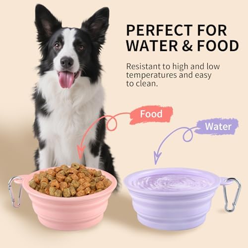 Collapsible Dog Bowls 2-Pack, Portable Travel Dog Bowl with Carabiner, Food-Grade Silicone Pet Bowl for Hiking, Walking (22 OZ Macaron Pink and Violet) - Image 3