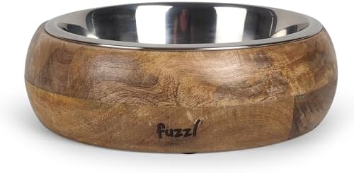 Fuzzl Titan Mango Wood & Stainless Steel Bowl 9.5 Inch Large - Natural Dog Bowl for Indoors and Outdoors with Rubber Base by Fuzzl