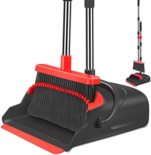 Upgrade Broom and Dustpan Set, Broom with Dustpan Combo Set, Large Size and with Long Handle, Upright,Ideal for Indoor Outdoor Garage Kitchen Room Office Lobby Use (Black&Red) by Kelamayi