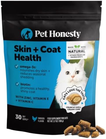 Cat Skin & Coat Supplement Crunchy Creamy Chews - Salmon Oil for Cats Omega 3 Itchy Dry Skin Relief - Feline Shedding Control - Biotin Vitamins for Indoor Cats Shiny Soft Coat (30-Day Supply) by PetHonesty