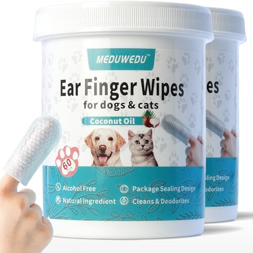 MEDUWEDU Ear Cleaner Finger Wipes 120 Counts, Dog Ear Cleaner, Grooming Kit Care for Dogs and Cats, Soft & Easy Otic Cleaning Pads, Remove Wax, Dirt & Stop Smelly, Itchy, Non-Irritating, Coconut Scent by MEDUWEDU