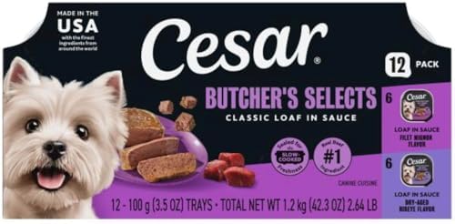 Cesar Classic Loaf in Sauce Wet Dog Food Butcher's Selects Variety Pack, Dry-Aged Ribeye Flavor and Filet Mignon Flavor, 3.5 oz. Easy Peel Trays, Variety Pack (12 Count, Pack of 1) by Cesar