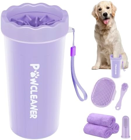 Professional 7 in 1 Dog Paw Cleaner for Dogs & Cats - Includes 1 Portable Paw Washer, 1 Bath Brush, 2 Dog Toothbrushes and 3 Absorbent Towels Note: Fits Paws 2.5 to 3.5 Inches Wide (Large, Purple) by Comotech