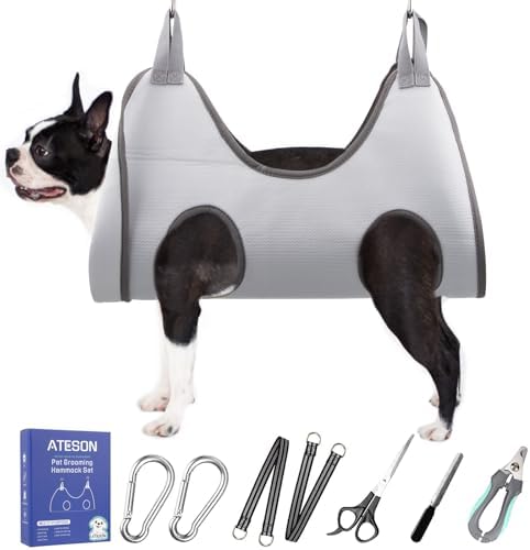 Pet Grooming Hammock Harness for Small Dogs & Cats Nail Trimming, Dog Sling for Cutting Nails, Dog Hanging Holder Hanger with Nail Clippers, Nail File, Scissors by ATESON