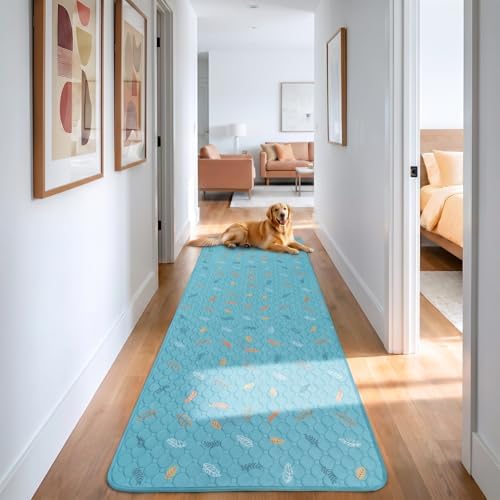 Sunheir Washable Pee Pads for Dogs Large 24" x 72" 2-Pack Reusable Puppy Pads Pet Training Pads, Absorb Dog Mats, Whelping Pad, Non-Slip Protects Against Urine Leakage, Runner Rug (Leaves - Sky Blue) by SUNHEIR