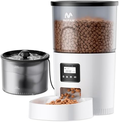 IMIPAW Automatic Cat Feeder and Water Fountain, Timed Dry Food Dispenser, Programmable Portion Control, 1-6 Meals Per Day, Desiccant Bag, Cat Fountains for Drinking with Filter, Small Pets (3L Combo) by IMIPAW