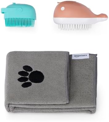 Amazon Basics Dog Bath Brush with Shampoo Dispenser and Fast Dry Towel, Blue and Orange, 3-Pack by AmazonBasics