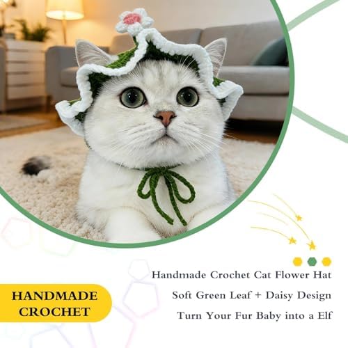 Flower Cat Hat, Cotton & Soft Cute Knitted Hats for Cats Birthday Party Spring Christmas Puppy Hat for Small Pets (Green,M) - Image 4