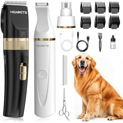 HEAPETS Dog Hair Clippers for Grooming Kit and Dog Paw Trimmer Nail Grinder for Grooming, Low Noise Rechargeable Cordless, Shaver Grooming Supplies for Pet Cats Dogs (Black, White) by Heapets