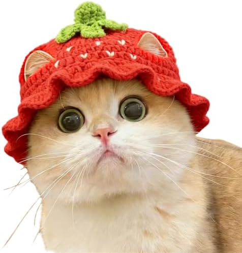 Strawberry Cat Hat, Cotton & Soft Cute Knitted Hats for Cats Birthday Party Christmas Puppy Hat for Small Pets (Red, M) by floofelove