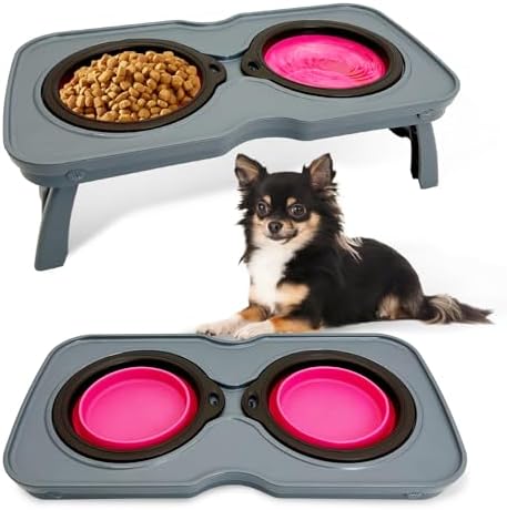 PINVNBY Elevated Dog Bowls Portable Raised Dog Bowl Stand with 2 Collapsible Silicone Food Bowl Non-Slip Travel Bowls for Small Dogs and Cats (14.6" L x 3.9" W x 3.9" H) by PINVNBY