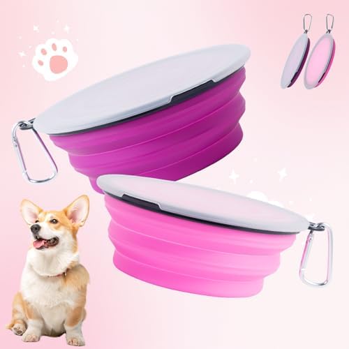SLSON Dog Bowls Pet Collapsible Bowl with Cover Lids,2 Pack Dog Travel Bowls Portable Foldable Cat Water Dish Bowl for Pets Walking Parking Camping (Pink and Purple, Large) - Image 3