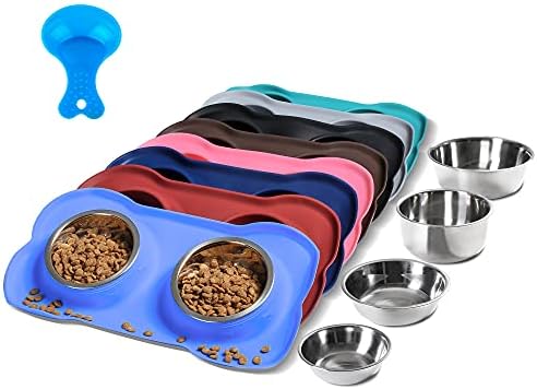 Hubulk Pet Dog Bowls 2 Stainless Steel Dog Bowl with No Spill Non-Skid Silicone Mat + Pet Food Scoop Water and Food Feeder Bowls for Feeding Small Medium Large Dogs Cats Puppies (Small, Blue) by Hubulk