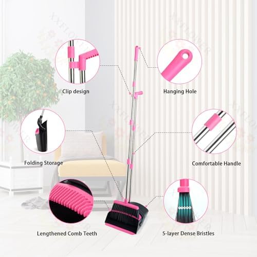 Broom and Dustpan Set,Long Handle Lightweight Dustpans with Broom Combo for Home,Indoor&Outdoor Sweeping for Home Room Kitchen Office Lobby (Black Pink) - Image 5