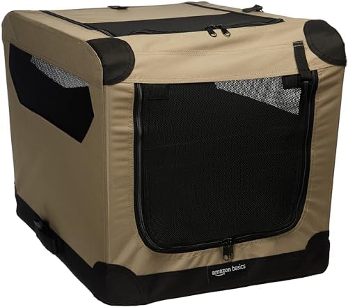 Amazon Basics Portable Folding Soft Dog Crate, 2-Door, Collapsible Travel Kennel, Top & Front Loading, Small 26" x 18" x 18", Tan by AmazonBasics