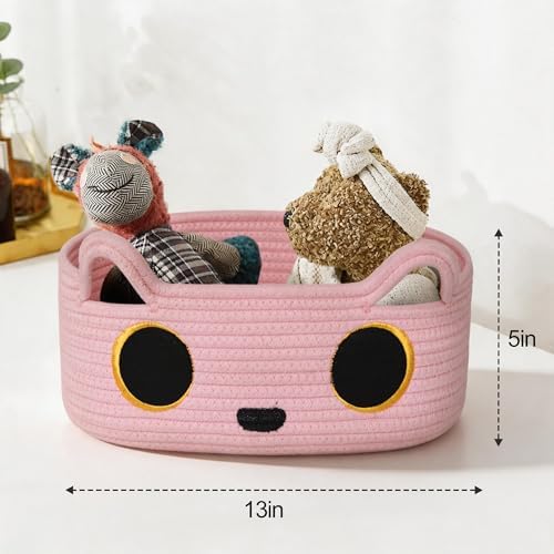 Pink Cat Toy Basket, Small Woven Cat Toy Storage Box with Cute Ears Handle Indoor, Cotton Rope Storage Bin with Embroidered Face for Home Decor, Pet Bed, Baby Nursery Kids Room Organization - Image 4