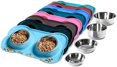 Hubulk Pet Dog Bowls 2 Stainless Steel Dog Bowl with No Spill Non-Skid Silicone Mat + Pet Food Scoop Water and Food Feeder Bowls for Feeding Small Medium Large Dogs Cats Puppies (Medium, Turquoise) by Hubulk